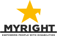 Logotip organizacije Myright – Myright Empowers people with disabilities, Pružamo podršku osobama sa invaliditetom. Logotip je predstavljen žutom zvijezdom sa slomljenim desnim krakom ispod koje se nalazi naziv myright
