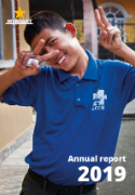 MyRight Annual report 2019. Picture of the cover of the MyRight Annual Report for 2019. The picture shows a smiling boy in a blue polo shirt, with two fingers raised on both hands, a symbol of peace and victory. In the upper left corner is the MyRight logo (a yellow star with a bent right arm and below it it says MYRIGHT. In the lower right corner it says Annual Report 2019.