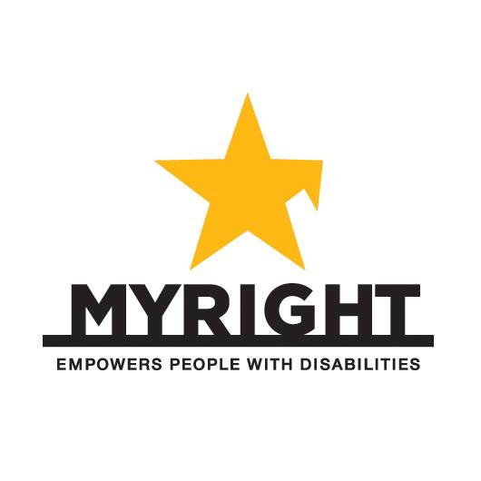 Slika. Myright potiv za dostavljanje Fokus zadataka je pretvaranje sadržaja i plana online obuke, namijenjenog partnerskim organizacijama MyRight-a odnosno udruženjima osoba s invaliditetom, u formatu laganom za čitanje. Na slici je MyRight logo, žuta zvijezda sa oborenim desnim krakom a ispod je puni naziv organizacije._