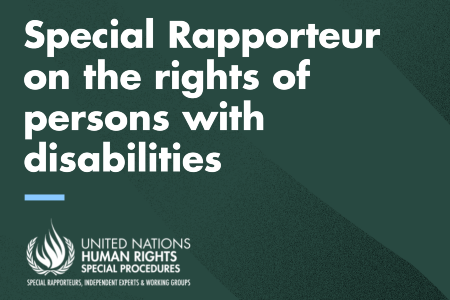 Na slici na tamno zelenoj podlozi bijelim slovima piše Special Rapporteur on the rights of persons with disabilities a ispod je logo ohchr